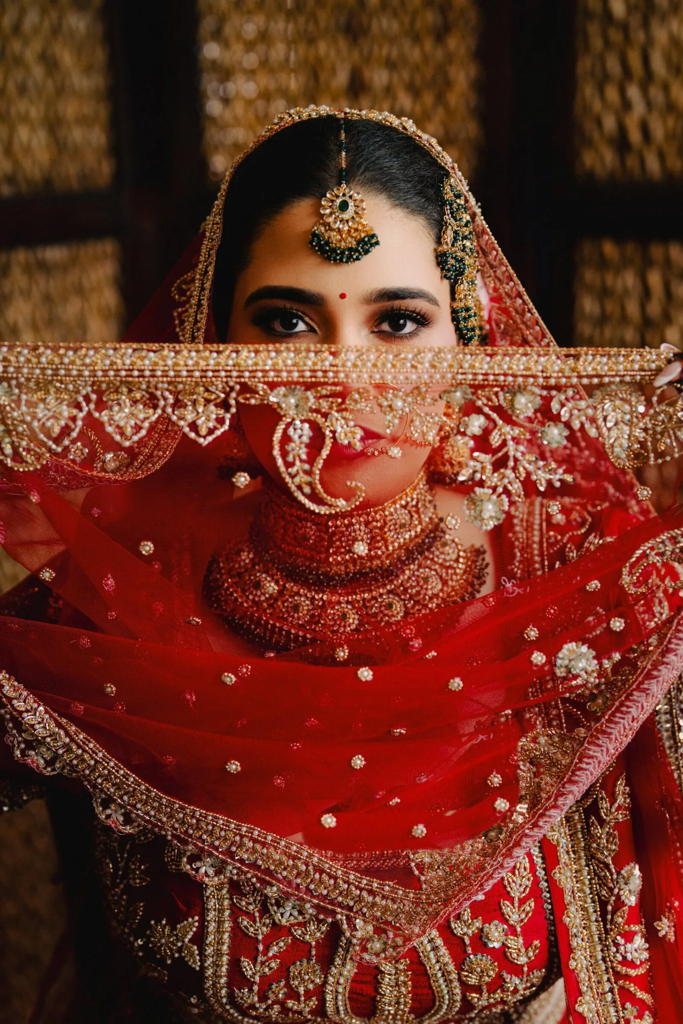 A bride in red beneath her embroidered dupatta, a gold lattice screen behind her
